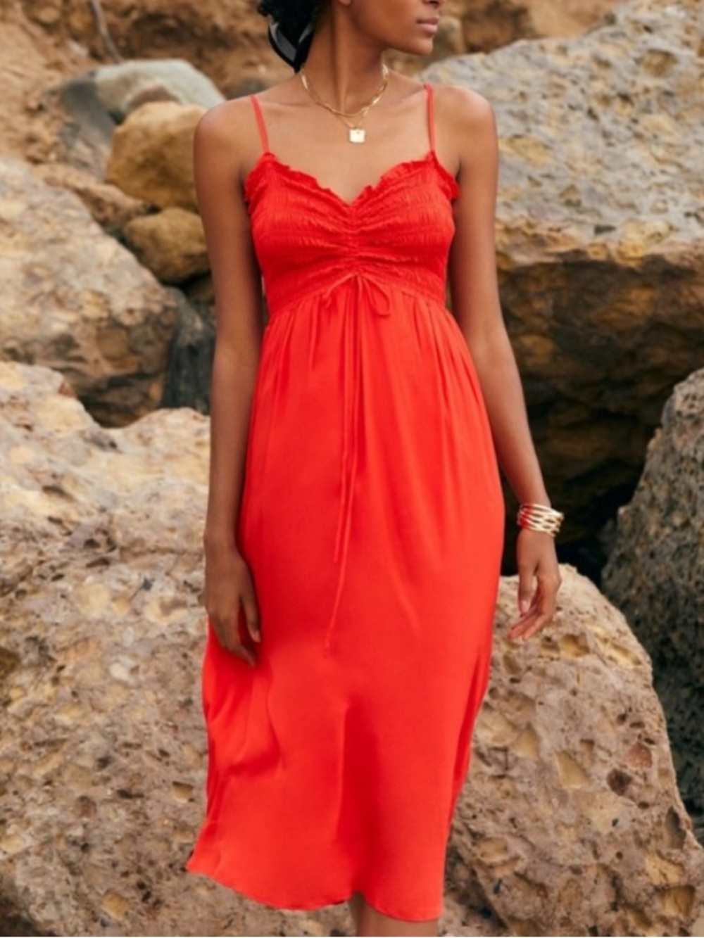 Anthropologie Blue Tassel Smocked Silky Dress in Red Size Small New